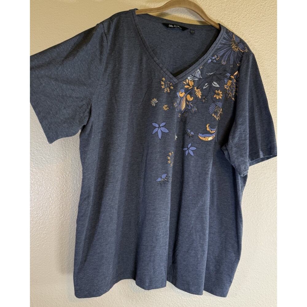 Ulla Popken Plus 20/22 Dark Gray V-Neck Floral Short Sleeve